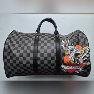 Ed Hardy Checkered Black Duffel Bag with Tattoo Design 20 In